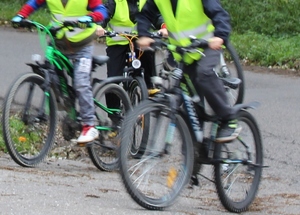 grupa dzieci jadąca na rowerach