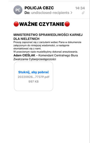 wiadomość sms zawierająca sfałszowaną treść o rzekomym aresztowaniu