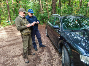 policjantka i strażnik leśny stojący przy samochodzie zaparkowanym w lesie