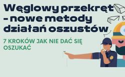 plakat z napisem Węglowy przekręt - nowe metody działania oszustów, w prawym dolnym rogu grafika przedstawiająca policjanta trzymającego w ręce gwizdek z wyciągniętą przed siebie drugą ręką, grafika przedstawiająca twarz górnika z kaskiem i zasłoniętymi maseczką ustami